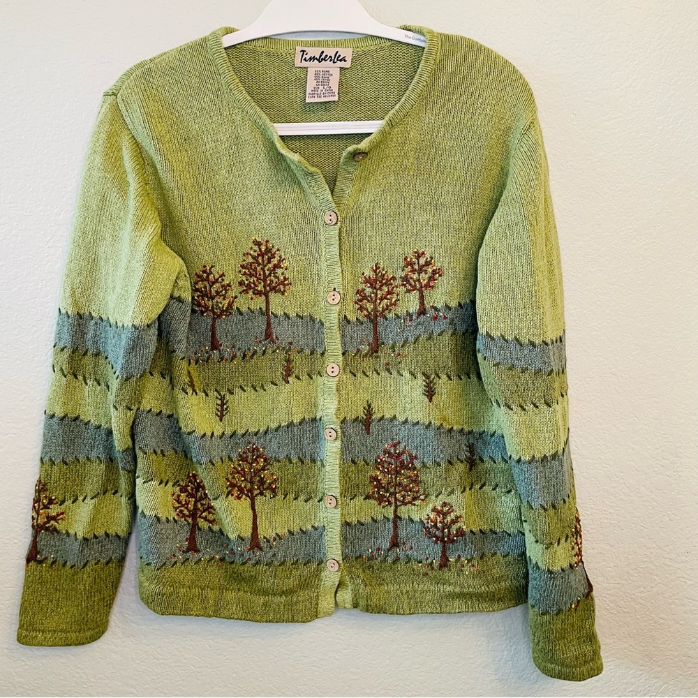 Timberlea Green Embroidered Ramie Cotton Autumn Cottagecore Cardigan | Large - Picture 4 of 5